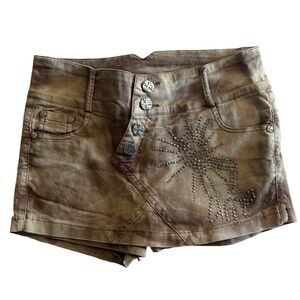 Y2K Vintage Brown AcidcRhinestone Studded Skort Asymmetrical Button Front 28